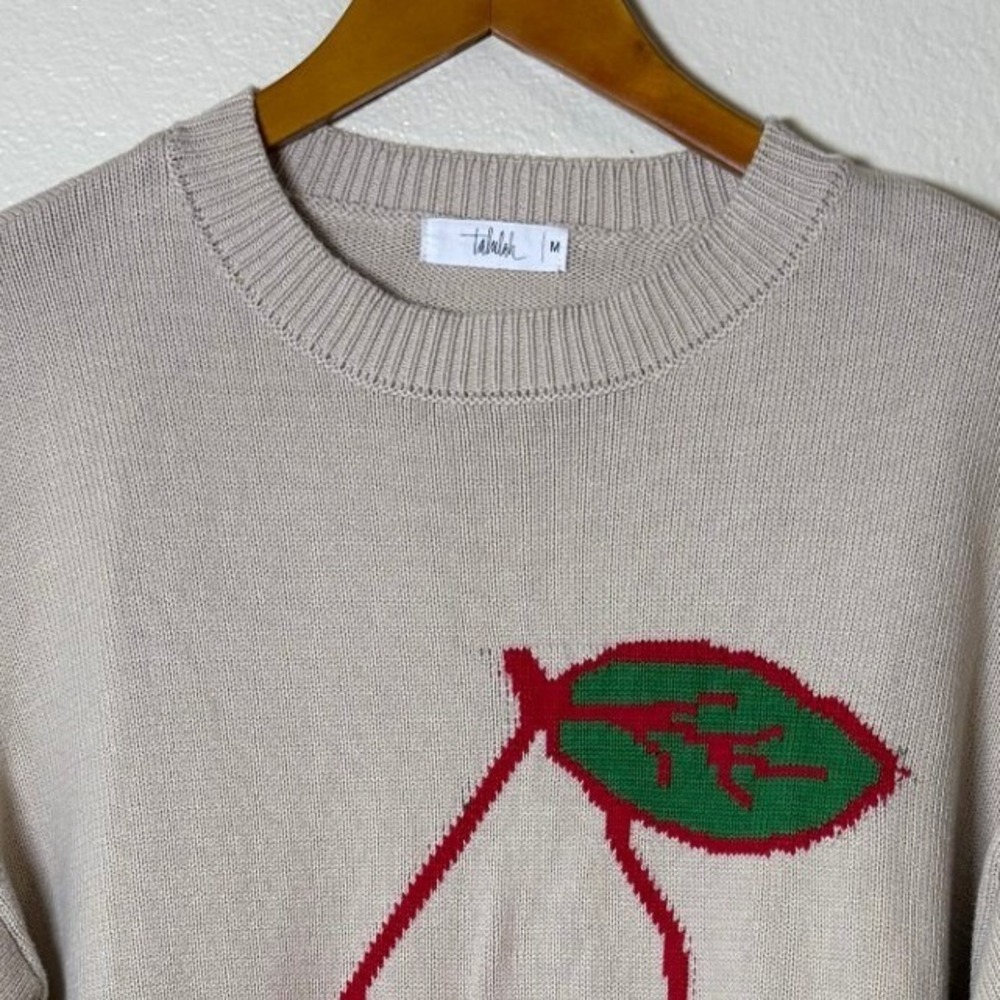Talulah Women Cherry Graphic Sweater Medium Beige Cotton Oversized Coquette - Picture 3 of 11